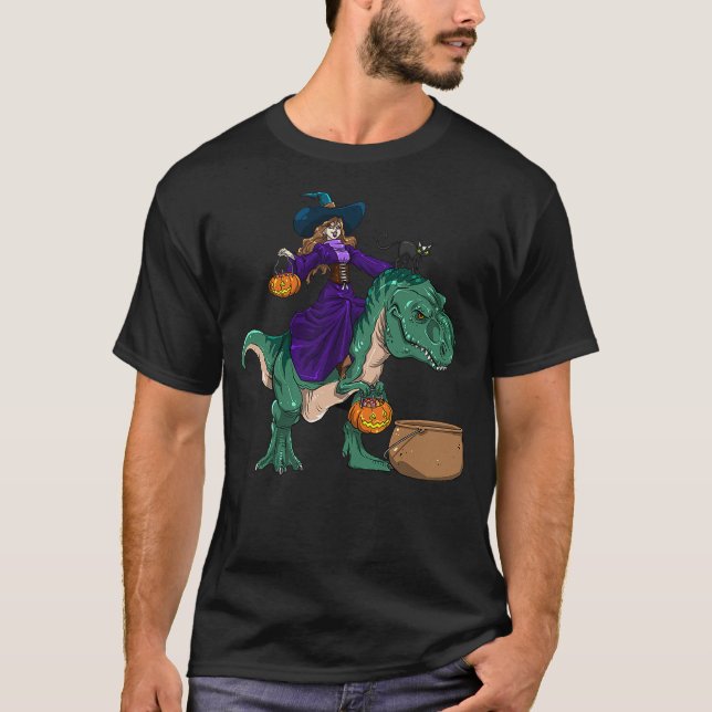 Cute Witch riding Dinosaur Halloween T-Shirt (Front)