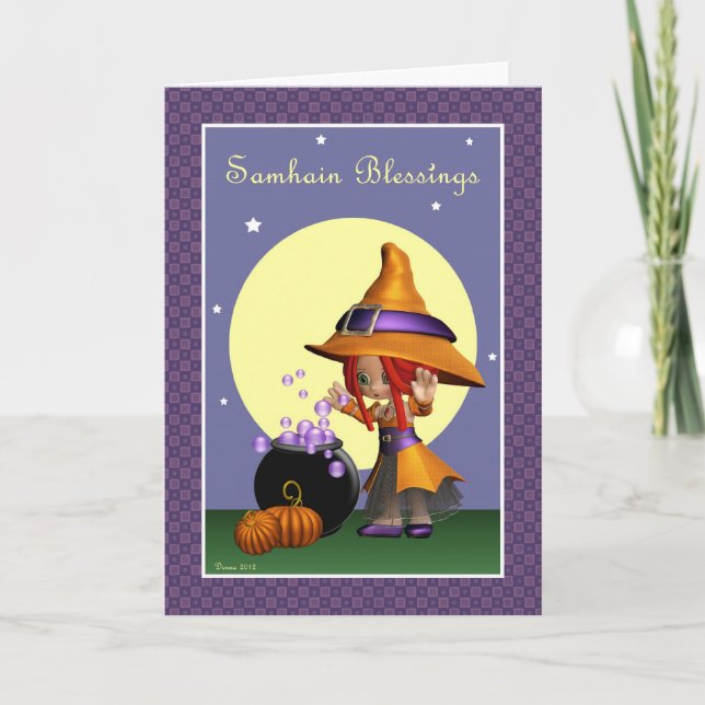 Cute Witch Samhain Blessings Greeting Card (Front)