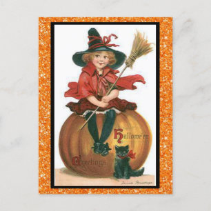 Cute Witch Sitting on a Pumpkin with Black Postcard