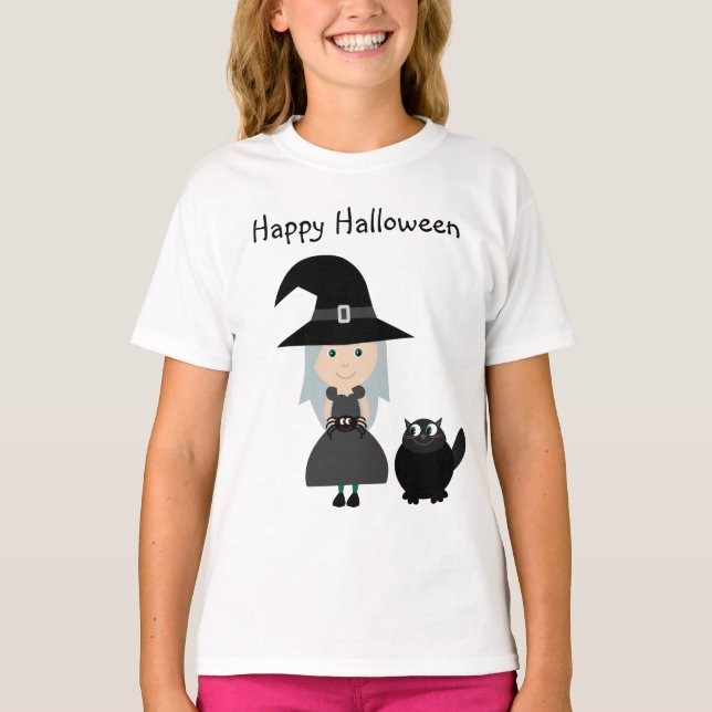 Cute Witch, Spider & Cat Happy Halloween T-Shirt (Front)