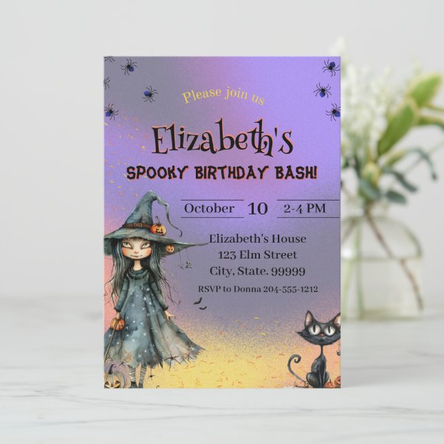 Cute Witch Spooky Halloween Birthday  Invitation (Standing Front)