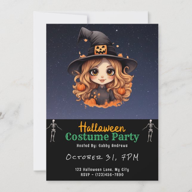 Cute Witch Starry Night Black Halloween Invitation (Front)