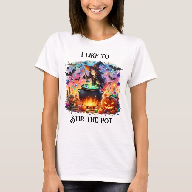 Cute Witch Stirring Cauldron T-Shirt (Front)