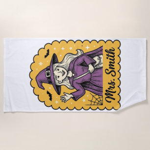Cute Witch Teacher Mrs Smith Vintage Halloween Des Beach Towel