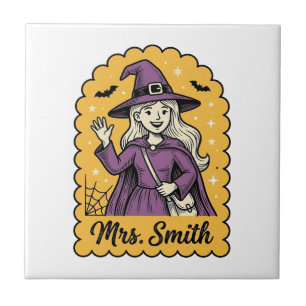 Cute Witch Teacher Mrs Smith Vintage Halloween Des Ceramic Tile