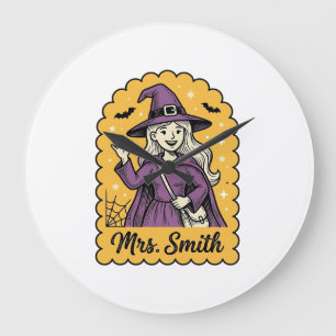 Cute Witch Teacher Mrs Smith Vintage Halloween Des Large Clock