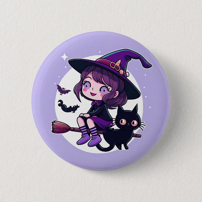Cute Witch with a Broom Black Cat Bats Moon | 6 Cm Round Badge (Front)