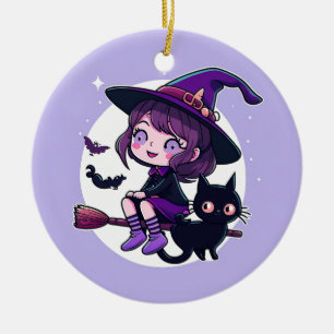 Cute Witch with a Broom Black Cat Bats Moon   Ceramic Ornament