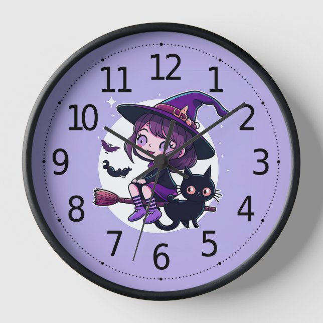Cute Witch with a Broom Black Cat Bats Moon | Clock (Front)