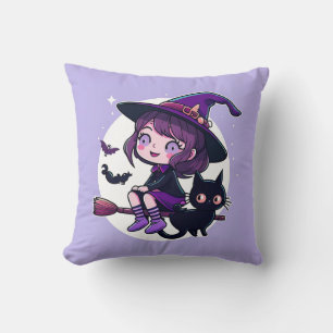 Cute Witch with a Broom Black Cat Bats Moon   Cushion
