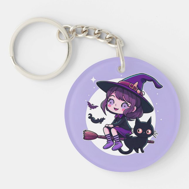 Cute Witch with a Broom Black Cat Bats Moon | Key Ring (Front)