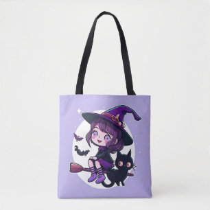 Cute Witch with a Broom Black Cat Bats Moon Tote Bag