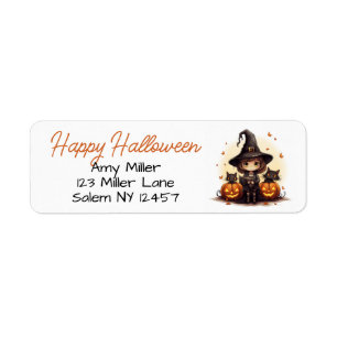 Cute Witch with Black Cats and Pumpkins Halloween Return Address Label