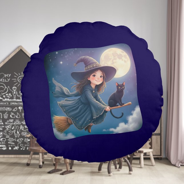 Cute Witch With Cat Round Pillow (Creator Uploaded)