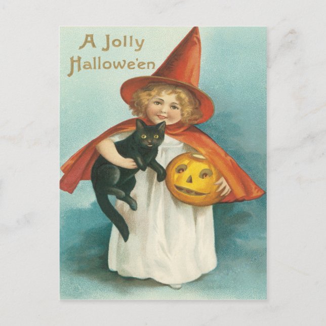 Cute Witch With Cat Vintage Postcard (Front)