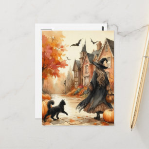 Cute Witch With Her Black Kitty Autumn Watercolor Postcard