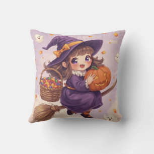 Cute Witch with Pumpkin Halloween Pillow