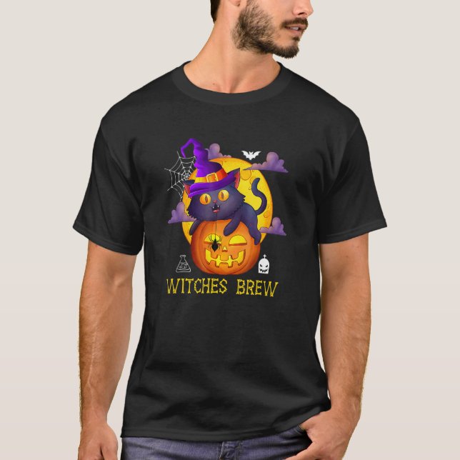Cute Witches Brew Black Cat And Pumpkin Halloween  T-Shirt (Front)