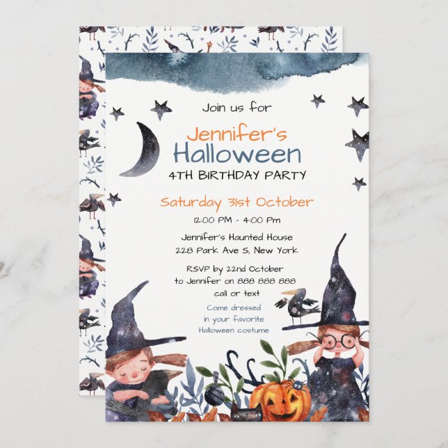 Cute Witches Kids Birthday Halloween Invitation (Front/Back)
