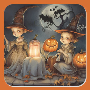 Cute Witches Pumpkin Halloween Bats Square Sticker