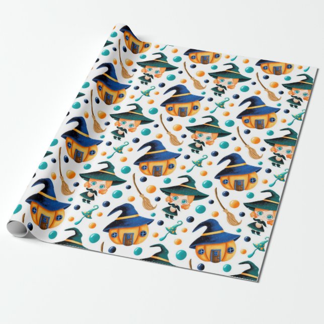 Cute Witches Pumpkin House Pattern Wrapping Paper (Unrolled)
