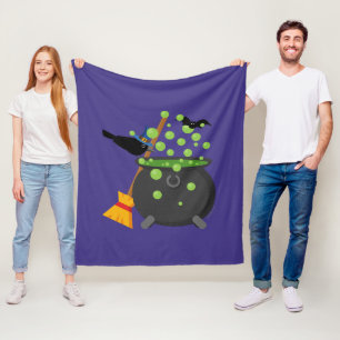 Cute Witch's Crow Looking Into A Bubbling Cauldron Fleece Blanket