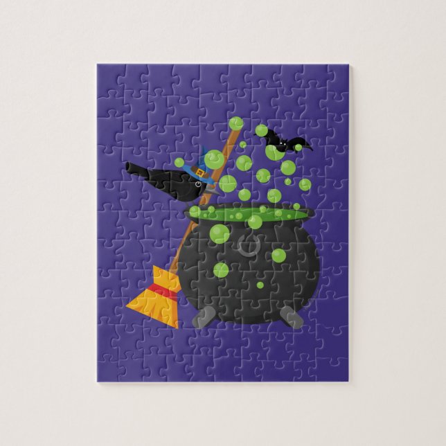 Cute Witch's Crow Looking Into A Bubbling Cauldron Jigsaw Puzzle (Vertical)