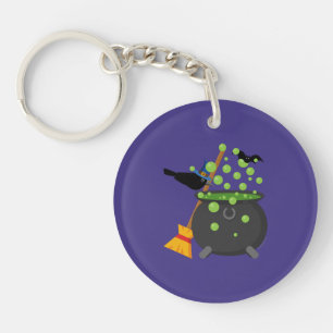 Cute Witch's Crow Looking Into A Bubbling Cauldron Key Ring