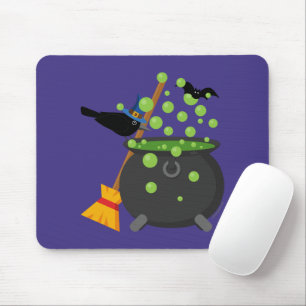 Cute Witch's Crow Looking Into A Bubbling Cauldron Mouse Pad