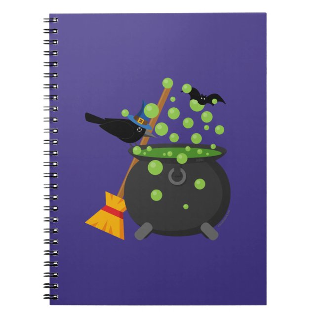 Cute Witch's Crow Looking Into A Bubbling Cauldron Notebook (Front)