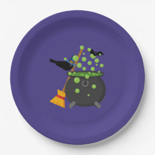 Cute Witch's Crow Looking Into A Bubbling Cauldron Paper Plate