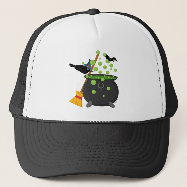 Cute Witch's Crow Looking Into A Bubbling Cauldron Trucker Hat (Front)