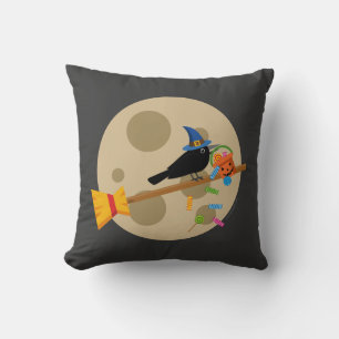 Cute Witch's Crow On A Broom Spreading Candies Cushion