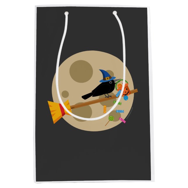Cute Witch's Crow On A Broom Spreading Candies Medium Gift Bag (Front)
