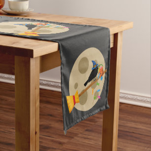 Cute Witch's Crow On A Broom Spreading Candies Medium Table Runner