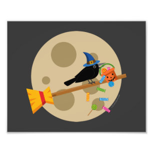 Cute Witch's Crow On A Broom Spreading Candies Photo Print