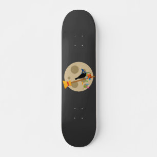 Cute Witch's Crow On A Broom Spreading Candies Skateboard