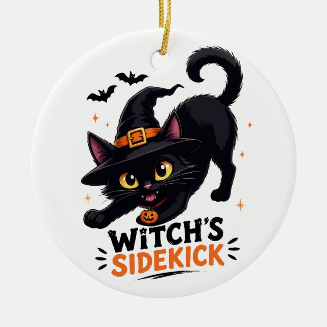 Cute Witch's Sidekick Black Cat Halloween Ceramic Ornament (Front)