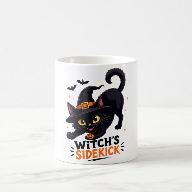 Cute Witch's Sidekick Black Cat Halloween Coffee Mug (Center)