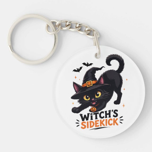 Cute Witch's Sidekick Black Cat Halloween Key Ring (Front)
