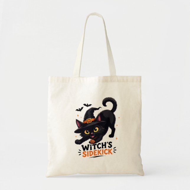 Cute Witch's Sidekick Black Cat Halloween Tote Bag (Front)