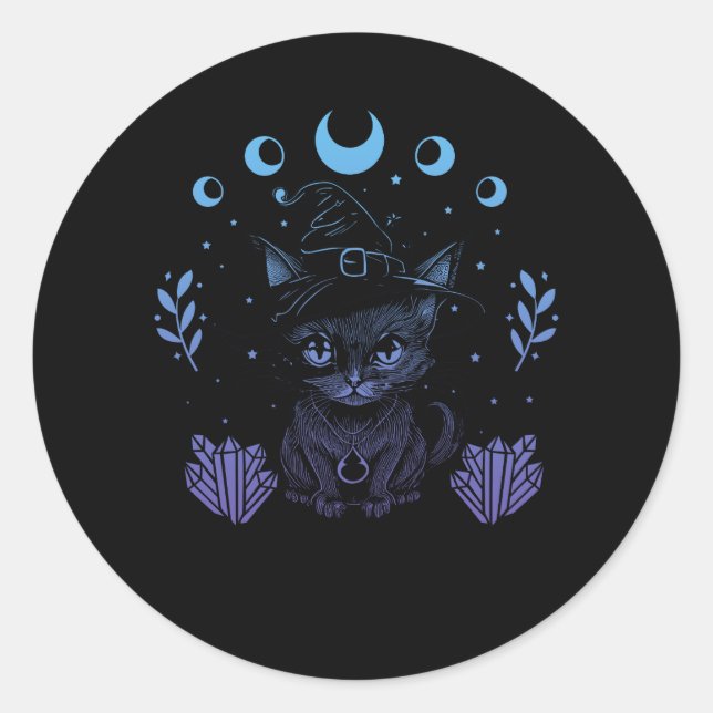 Cute Witchy Black Cat Crystal Alchemy Kawaii Paste Classic Round Sticker (Front)