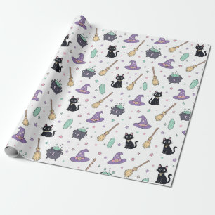 Cute Witchy Black Cat Halloween Birthday Decor Wrapping Paper