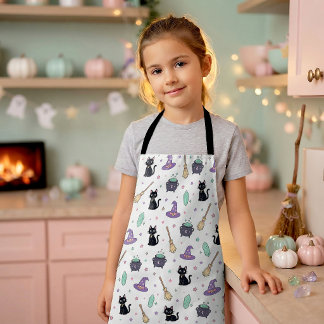 Cute Witchy Black Cat Halloween Kitchen Helper Apron