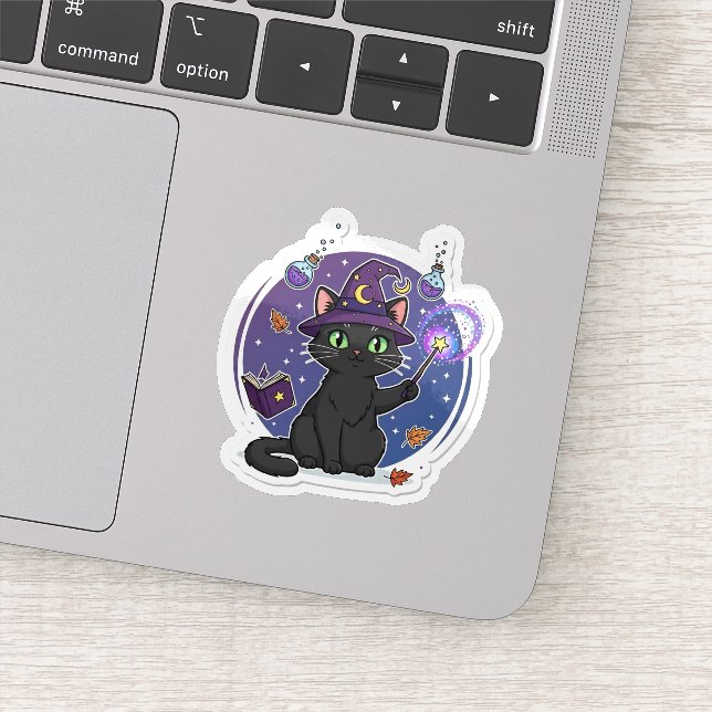 Cute Witchy Black Cat Magic Wand Sticker (Detail)