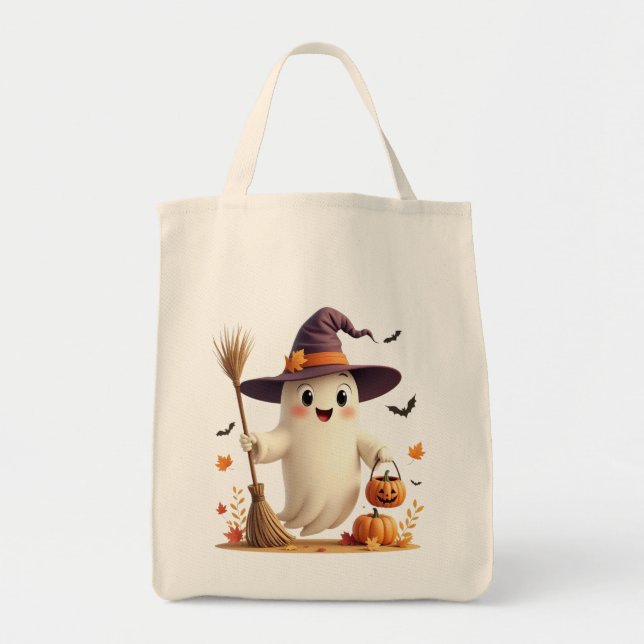 Cute Witchy Ghost Halloween Tote Bag (Front)