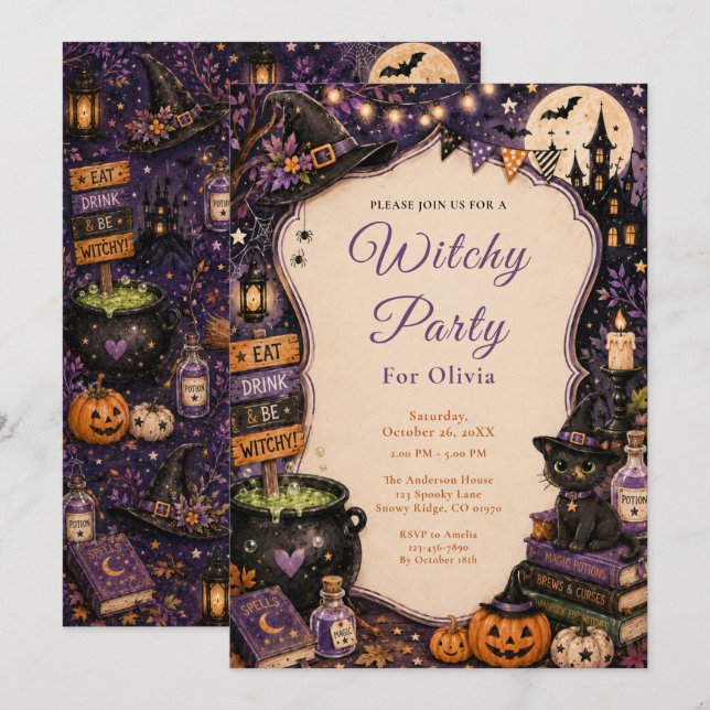 Cute Witchy Halloween Party Invitation (Front/Back)