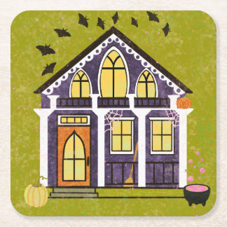 Cute Witchy Haunted Halloween Cottage Square Paper Coaster