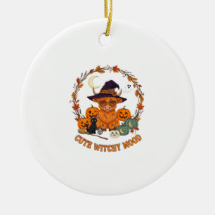 Cute Witchy Mood Halloween Highland Cow Black Cat Ceramic Ornament