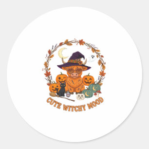 Cute Witchy Mood Halloween Highland Cow Black Cat Classic Round Sticker